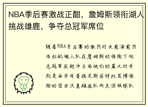 NBA季后赛激战正酣，詹姆斯领衔湖人挑战雄鹿，争夺总冠军席位