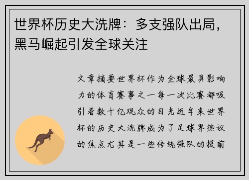 世界杯历史大洗牌：多支强队出局，黑马崛起引发全球关注
